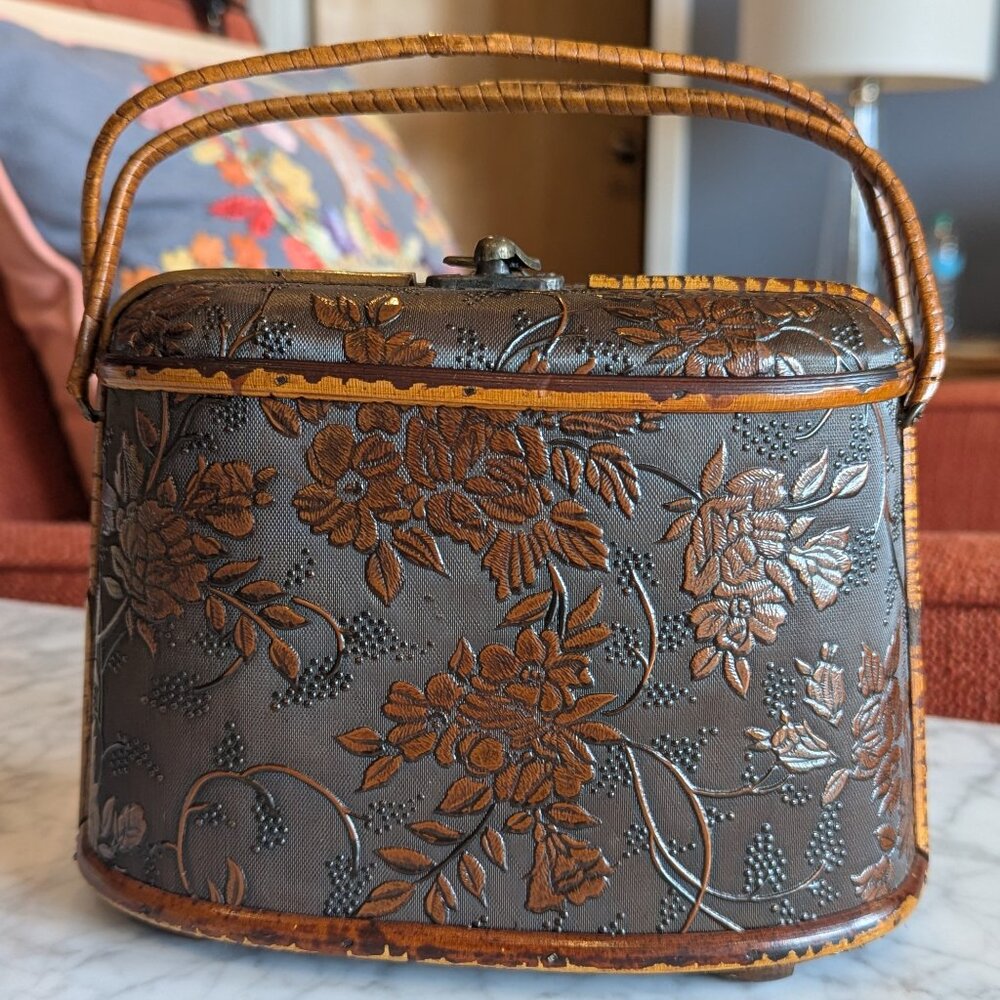 Vintage Wooden Purse with Embossed Floral Design